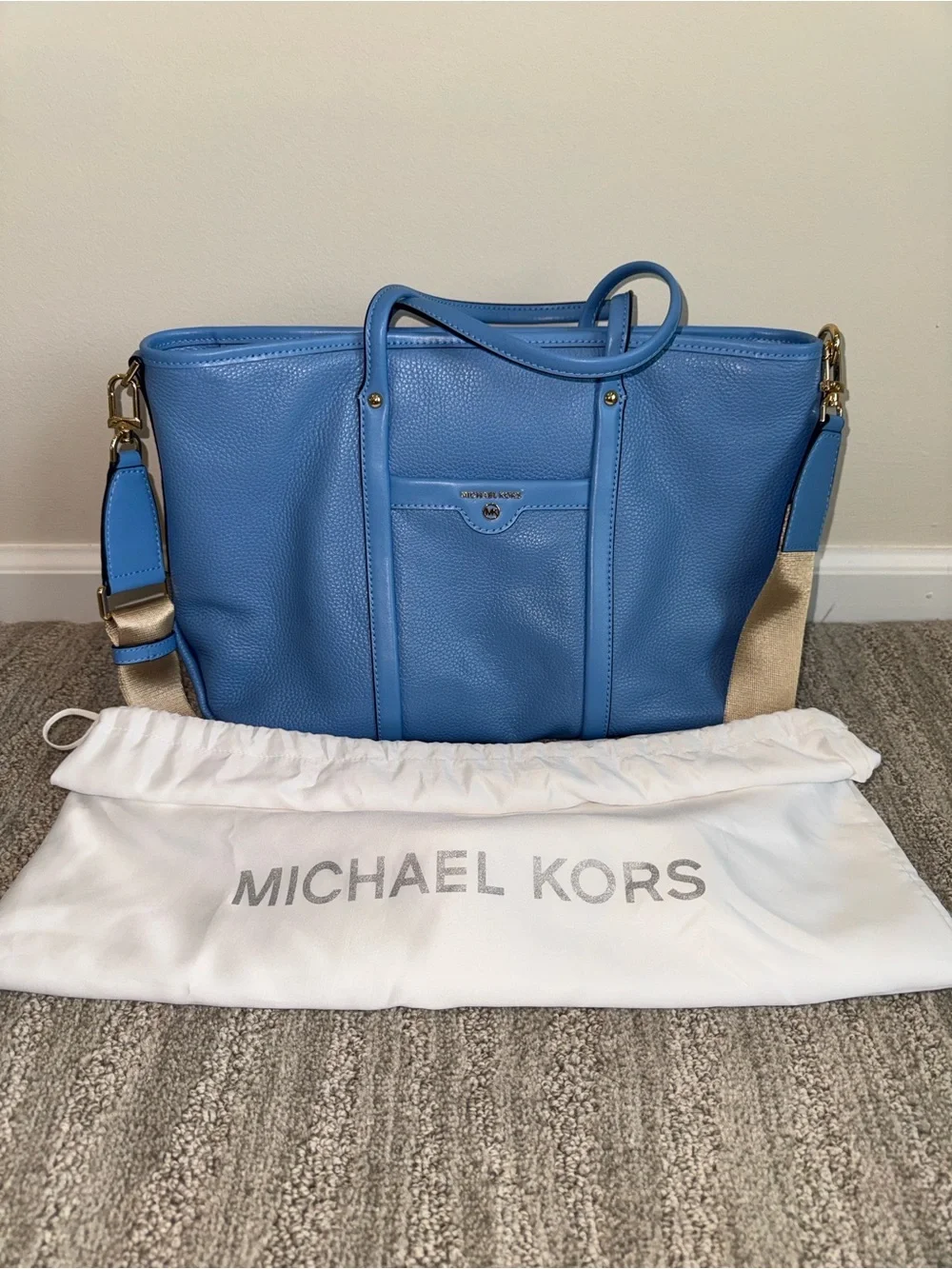 Michael Kors Sky Blue Pebble Leather Tote with Tan Strap